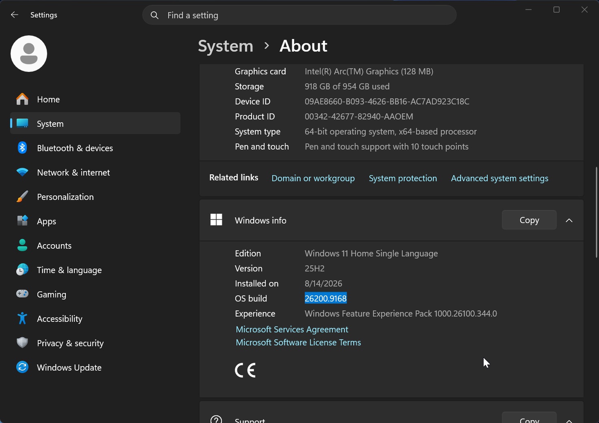 Сборка Windows 11 26200.9168 затронута. Проверить можно в Параметры > Система > О системе