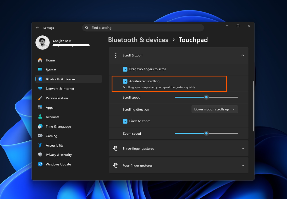 Функция ускоренной прокрутки для тачпадов в Windows 11