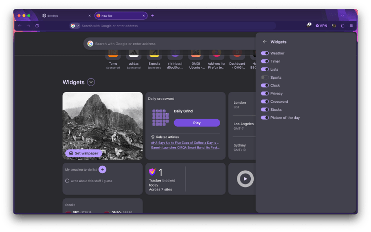 Управление виджетами (macOS с дизайном Firefox Nova)