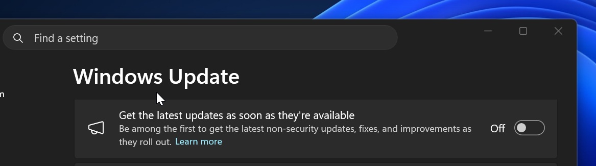 Переключатель «Получайте последние обновления сразу после их выпуска» в Windows 11