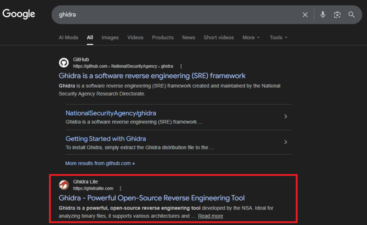 Поддельный сайт проекта Ghidra в поисковой выдаче Google (Источник: Check Point)