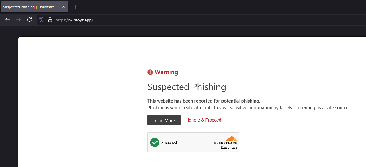 Cloudflare пометил поддельный сайт Wintoys как подозрительный на фишинг