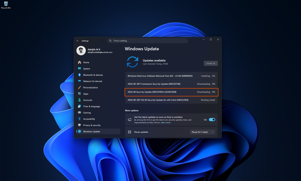 Загрузка августовского обновления безопасности для Windows 11