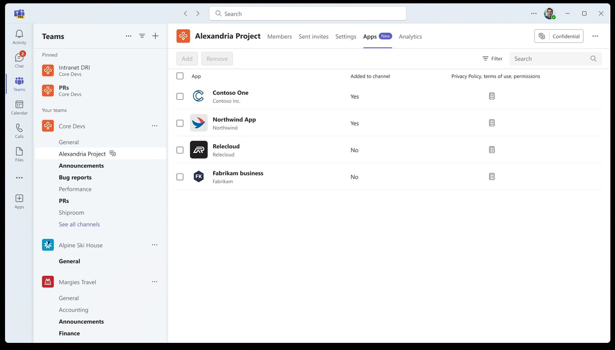 Управление приложениями в каналах Microsoft Teams