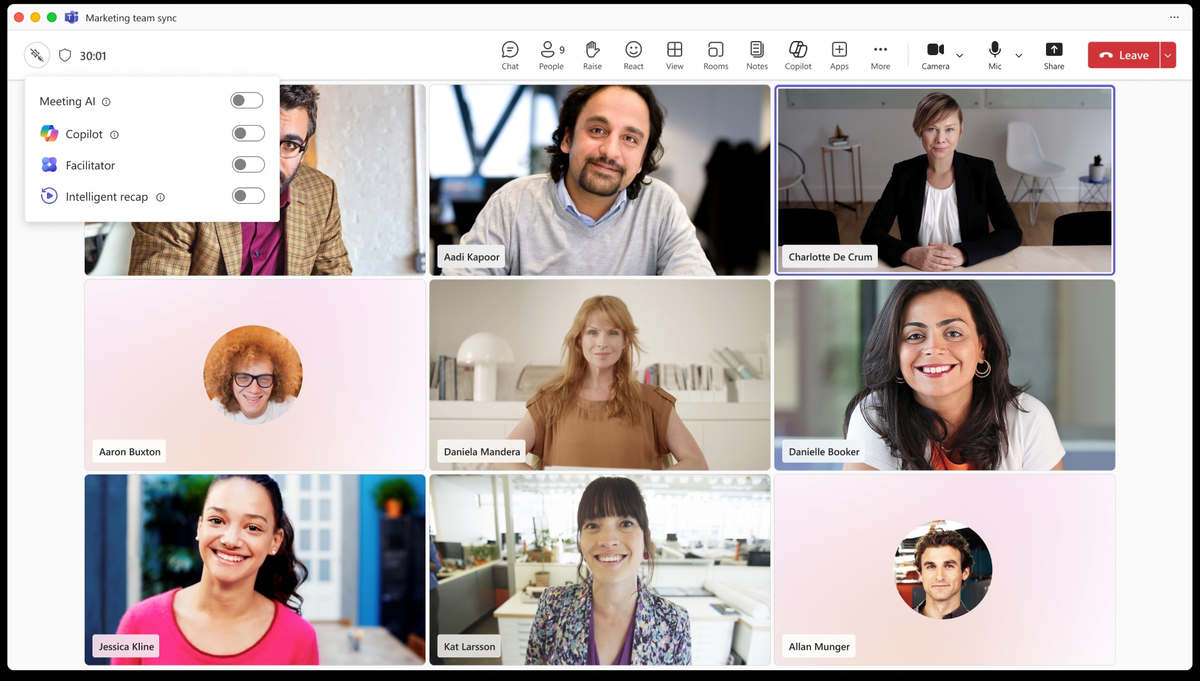 Элементы управления ИИ встречи в Microsoft Teams