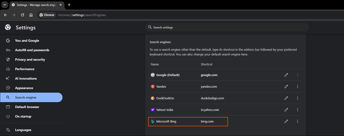 Выбор Bing в качестве поисковика по умолчанию в Chrome