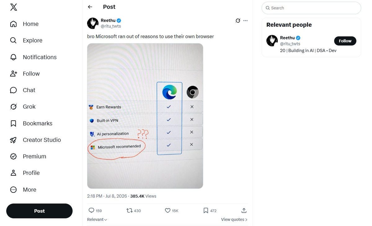 Пост в X о том, что у Microsoft кончились аргументы в пользу своего браузера
