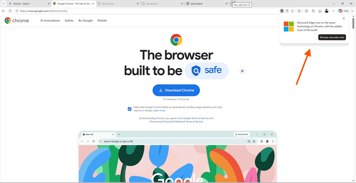 Microsoft показывает всплывающее окно на странице загрузки Chrome в Edge