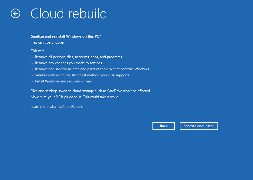Экран подтверждения очистки в Cloud Rebuild