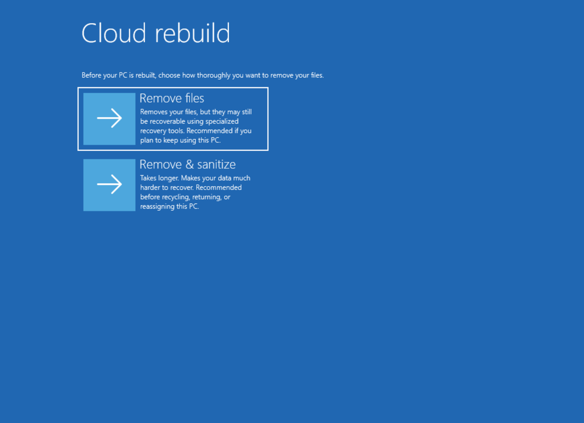Cloud Rebuild теперь предлагает варианты "Удалить файлы" и "Удалить и очистить файлы". Источник: Microsoft