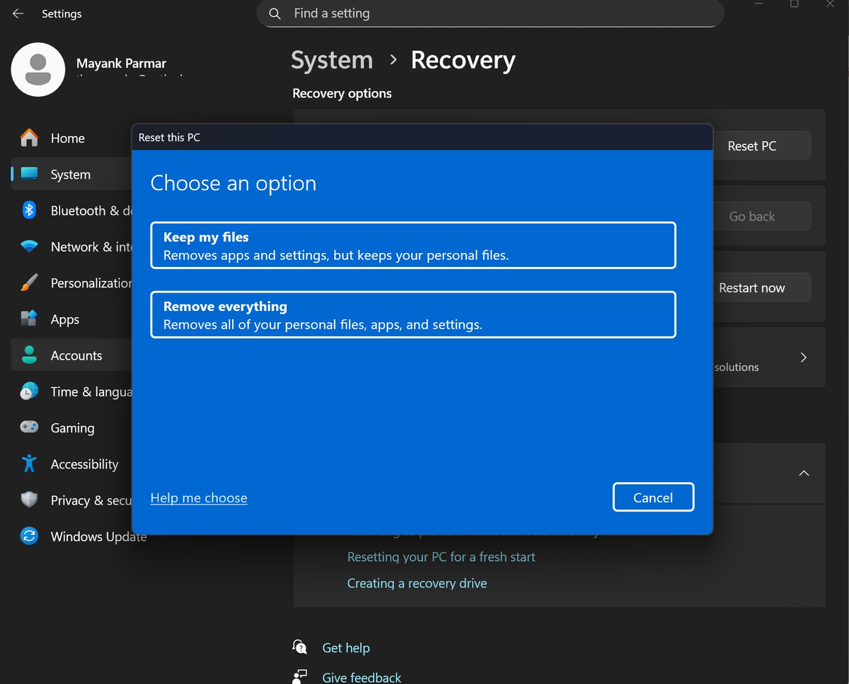 Сброс и восстановление в Windows 11