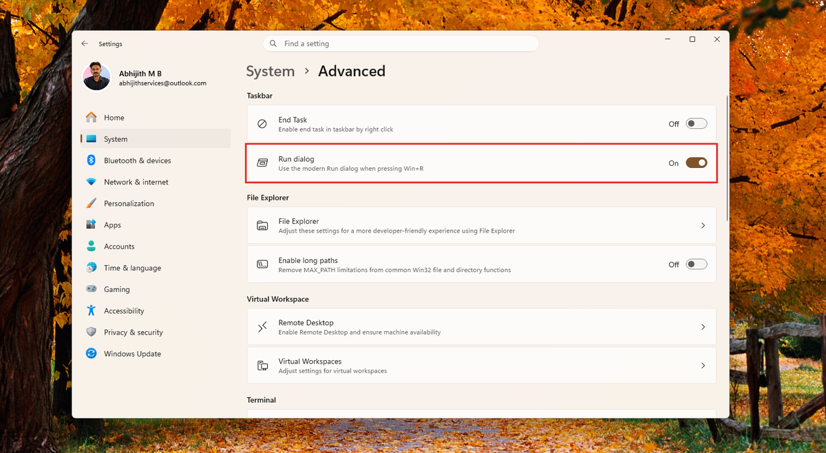 Включение нового окна Run в Windows 11