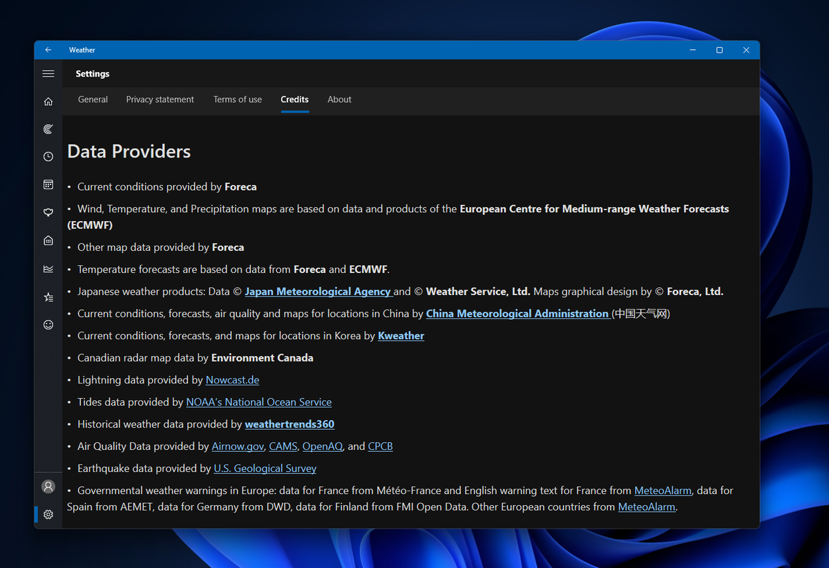 Поставщики метеоданных для приложения MSN Weather в Windows 11