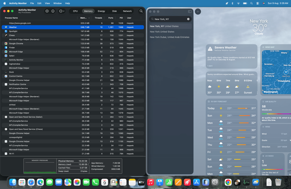 Потребление ОЗУ у погодного приложения macOS чуть больше 200 МБ