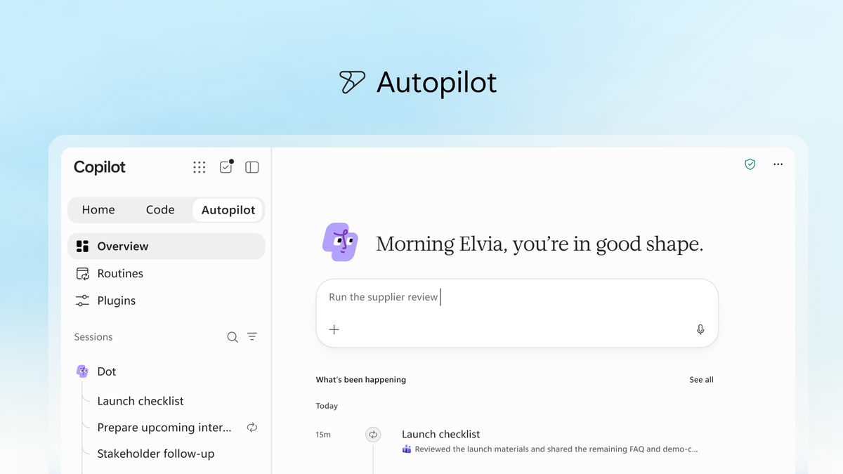 Autopilot в новом приложении Copilot. Изображение: Microsoft