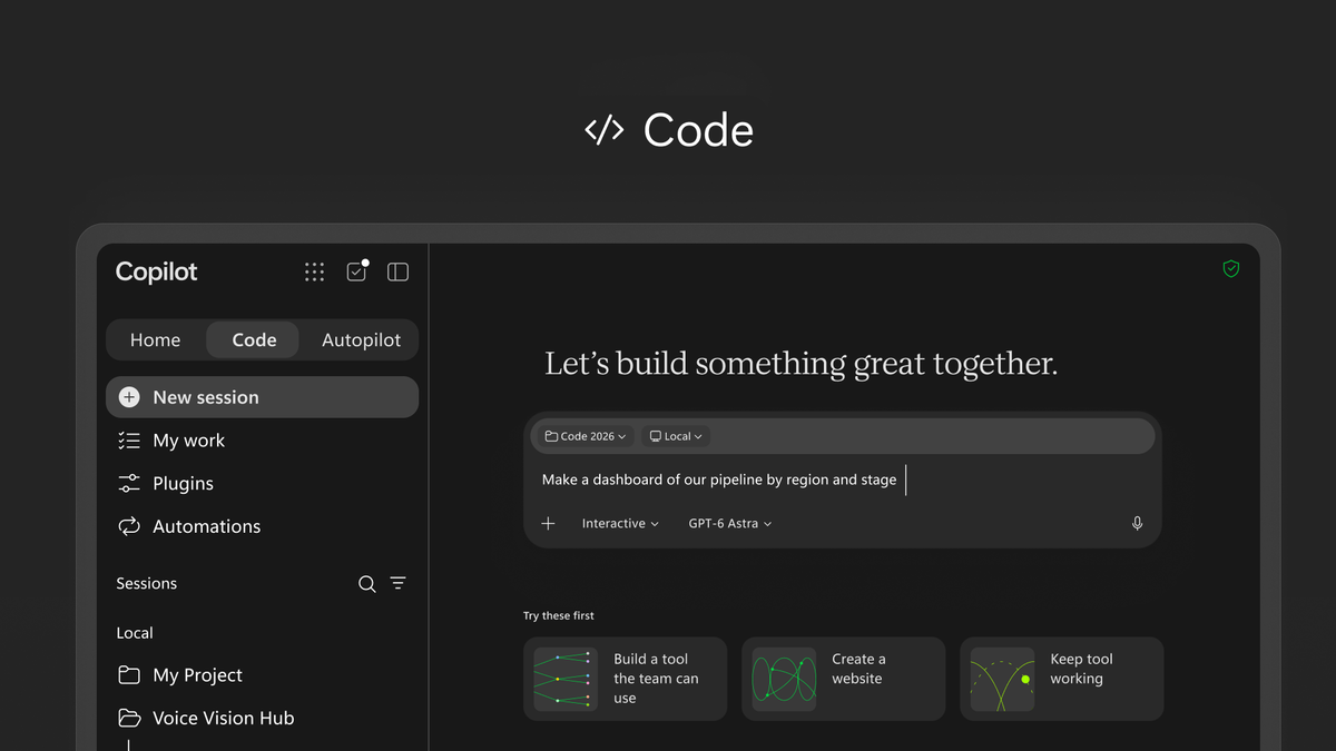 Code в новом приложении Copilot. Изображение: Microsoft