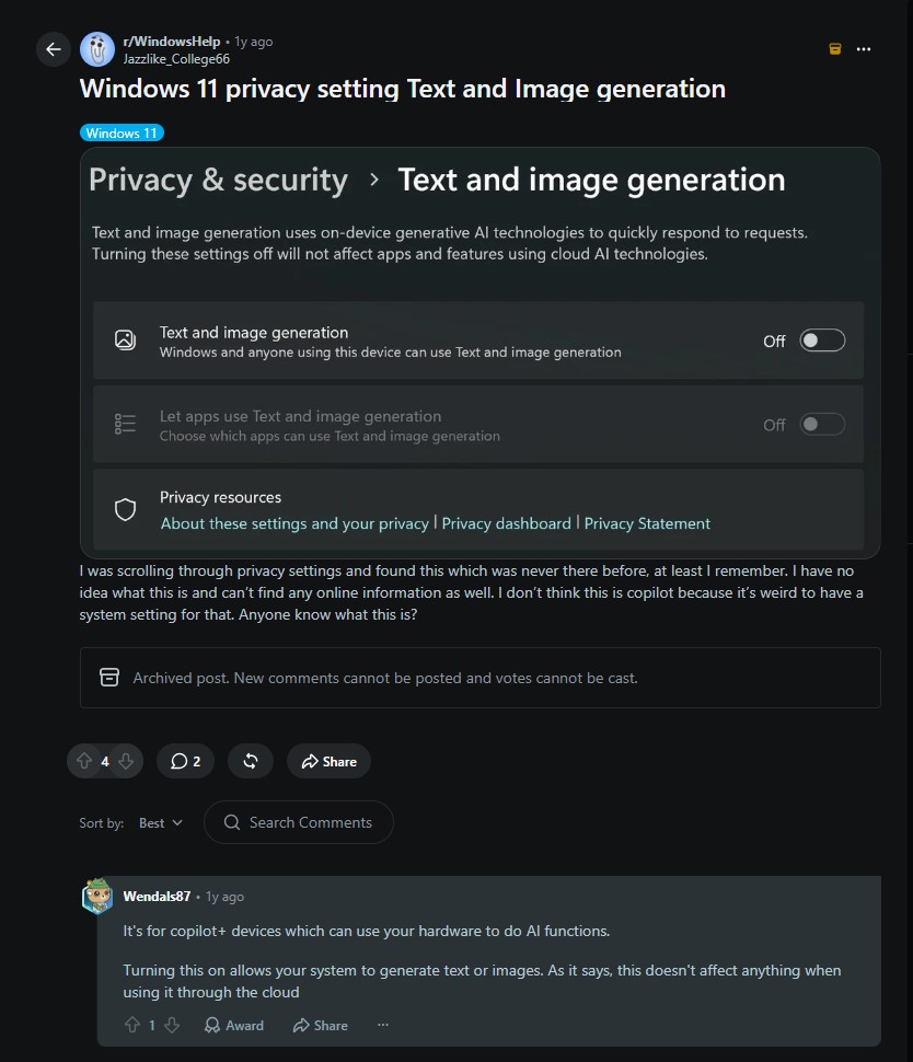 Пост на Reddit годичной давности с упоминанием создания текста и изображений. Источник: Reddit
