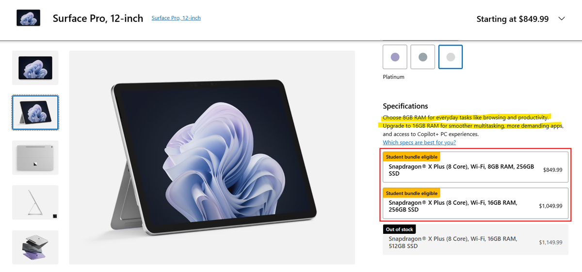 $200 только за дополнительные 8 ГБ ОЗУ на Surface Pro 12 дюймов