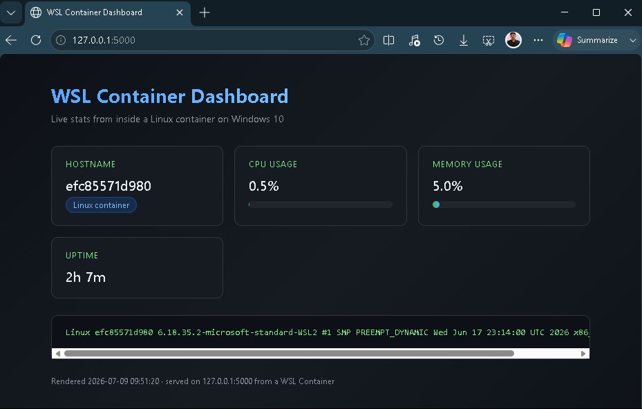 Дашборд WSL Container, работающий в Windows 10