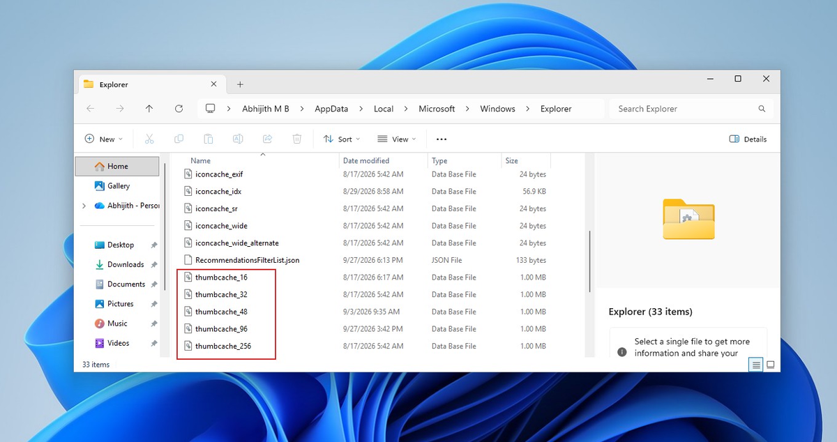 Файлы базы данных кэша миниатюр в Windows 11.