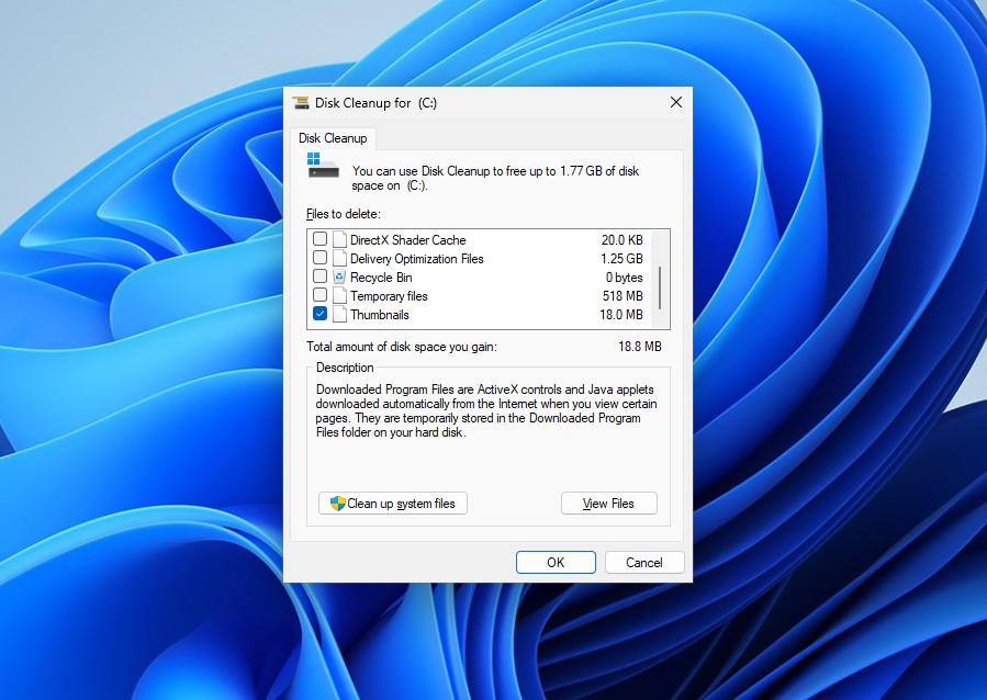 Очистка диска в Windows 11 для удаления миниатюр удалённых изображений.