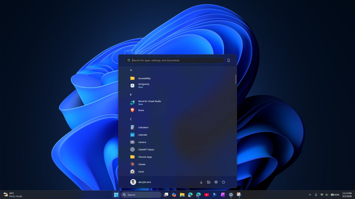Новое компактное меню Пуск в Windows 11 после августовского необязательного обновления.