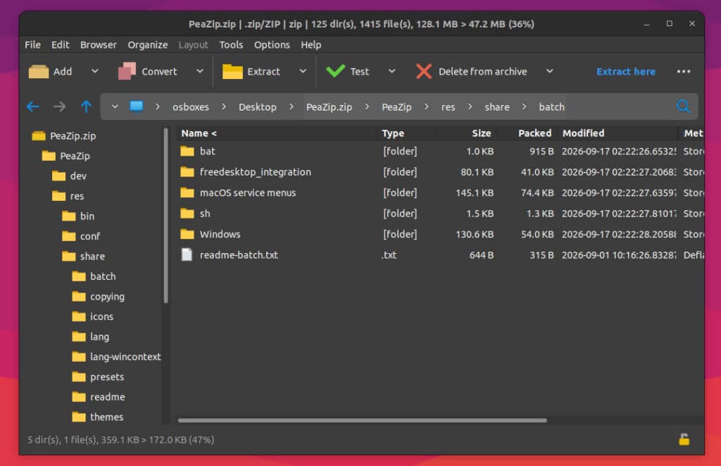 PeaZip 11.3, открытый архиватор файлов.