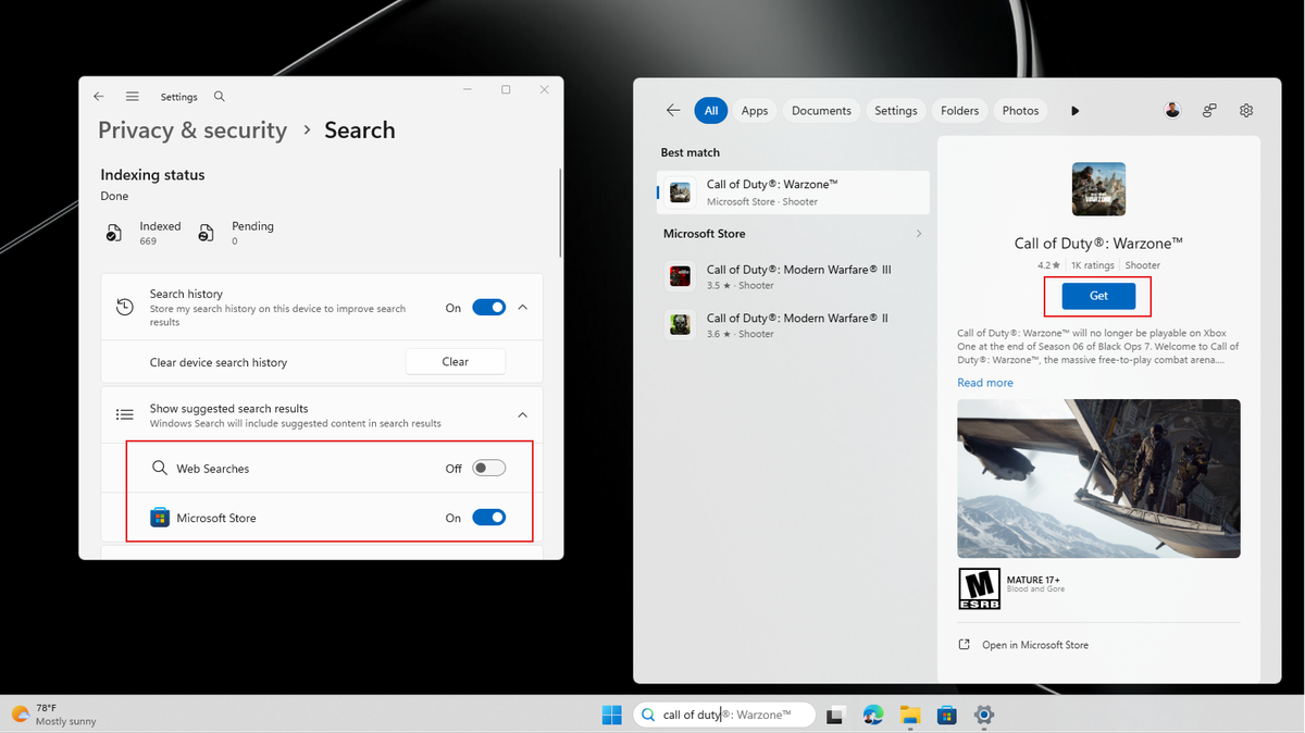 Поиск Call of Duty с отключённым поиском в интернете и включённым поиском в Microsoft Store
