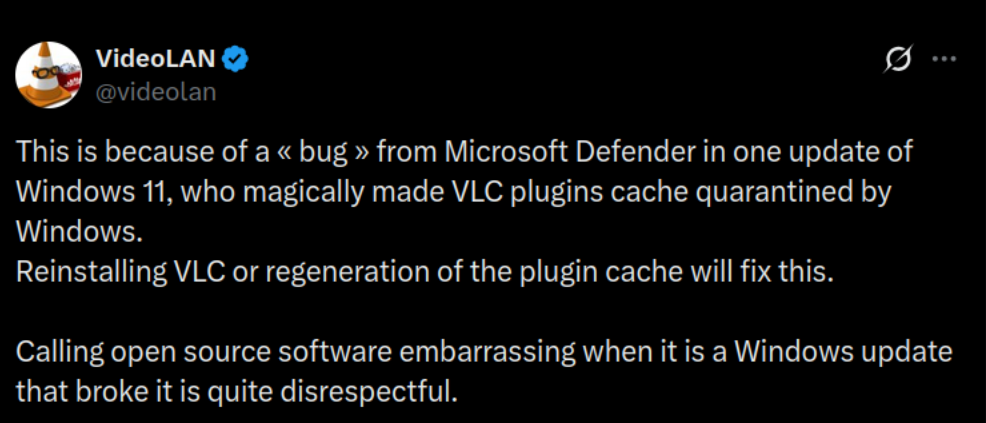 VLC винит Microsoft Defender в задержке