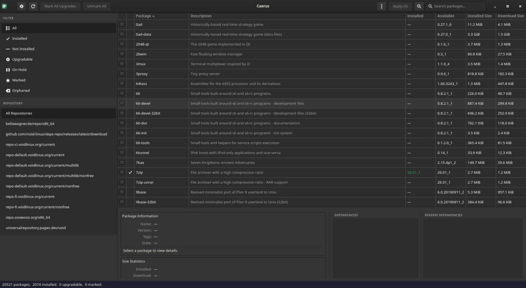 Caerus — это новый GTK4-фронтенд для XBPS в Void Linux.
