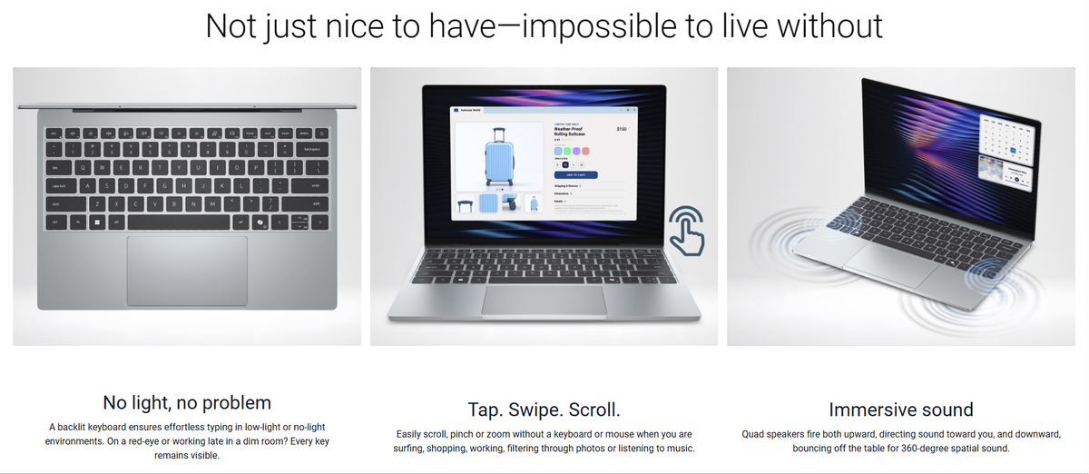 Страница продукта Dell XPS 13, где отдельно указаны характеристики, которых нет у MacBook Neo