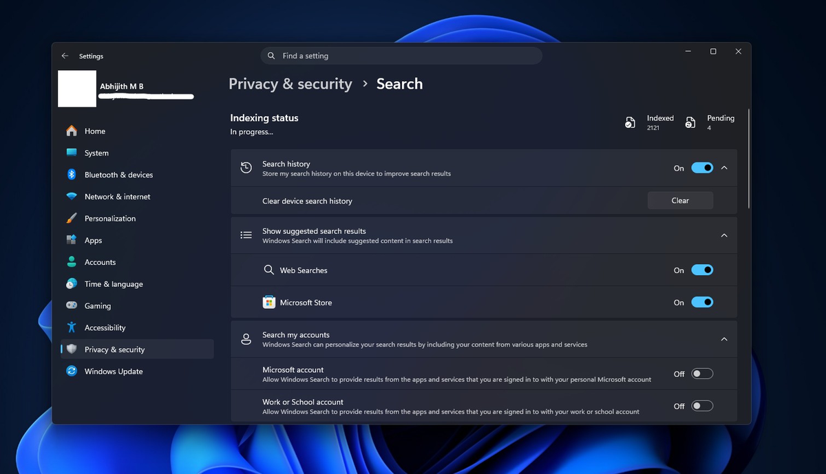 Страница конфиденциальности и безопасности поиска Windows после обновления.