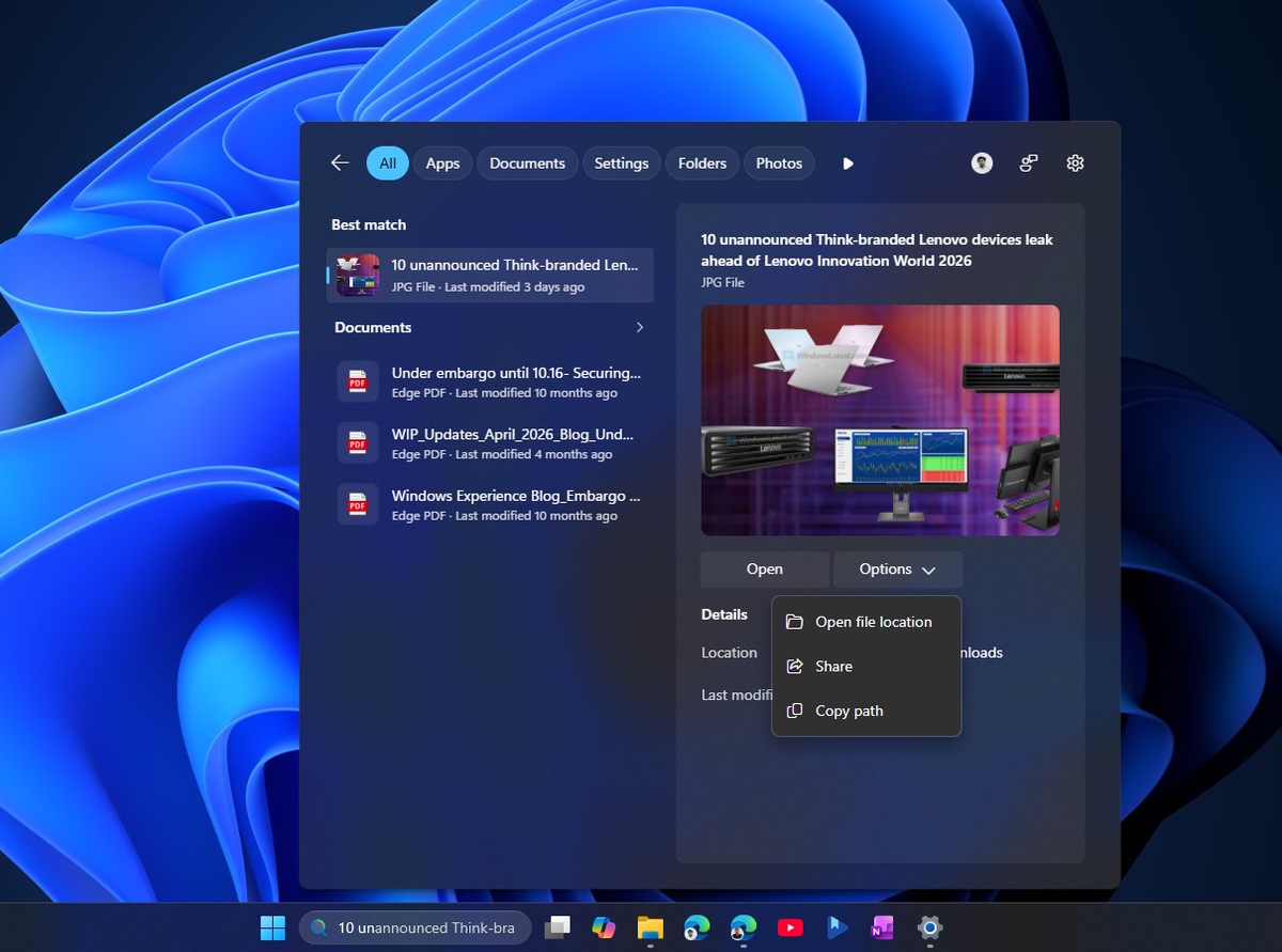 Предпросмотр в поиске Windows 11.