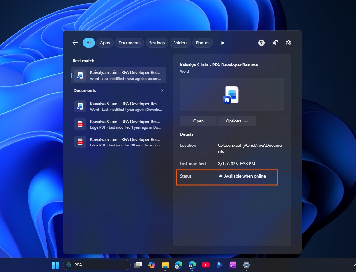 Новый статус "Доступно при подключении к сети" для файлов OneDrive в поиске Windows.