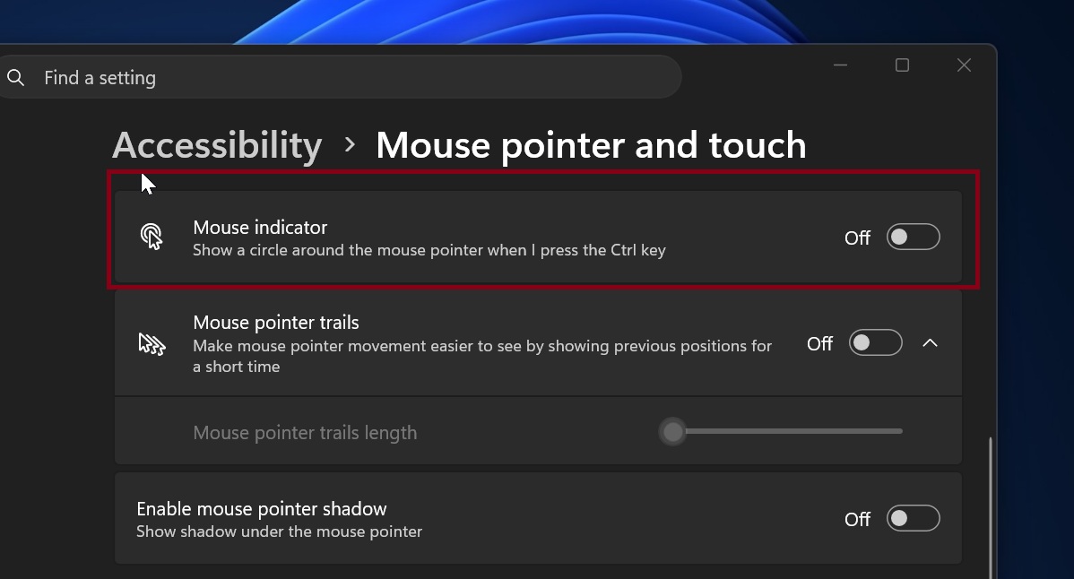 Настройка индикатора мыши в Windows 11