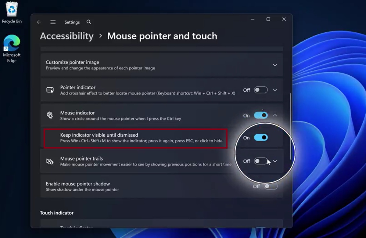 Новый современный интерфейс индикатора мыши в Windows 11