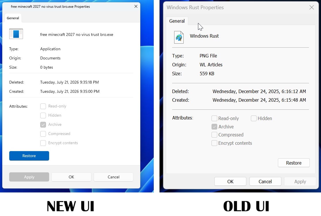 Новый и старый интерфейс окна свойств в Windows 11