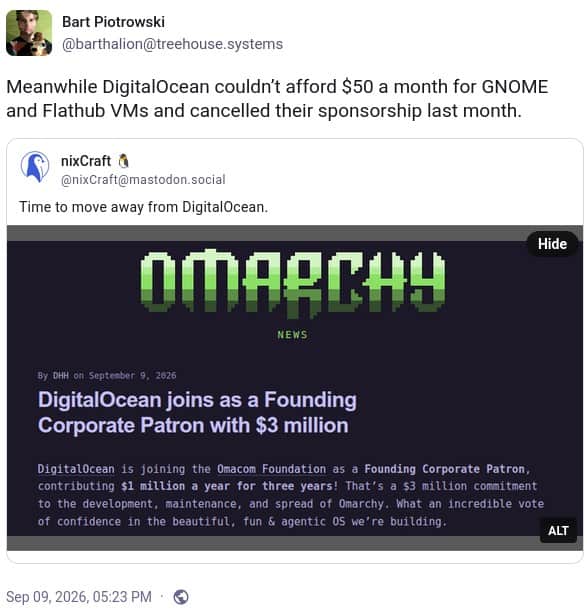 DigitalOcean отменила спонсорство GNOME и Flathub.