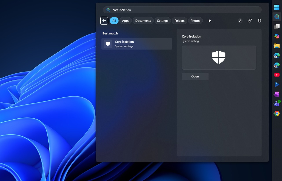 Core isolation в Windows Security.