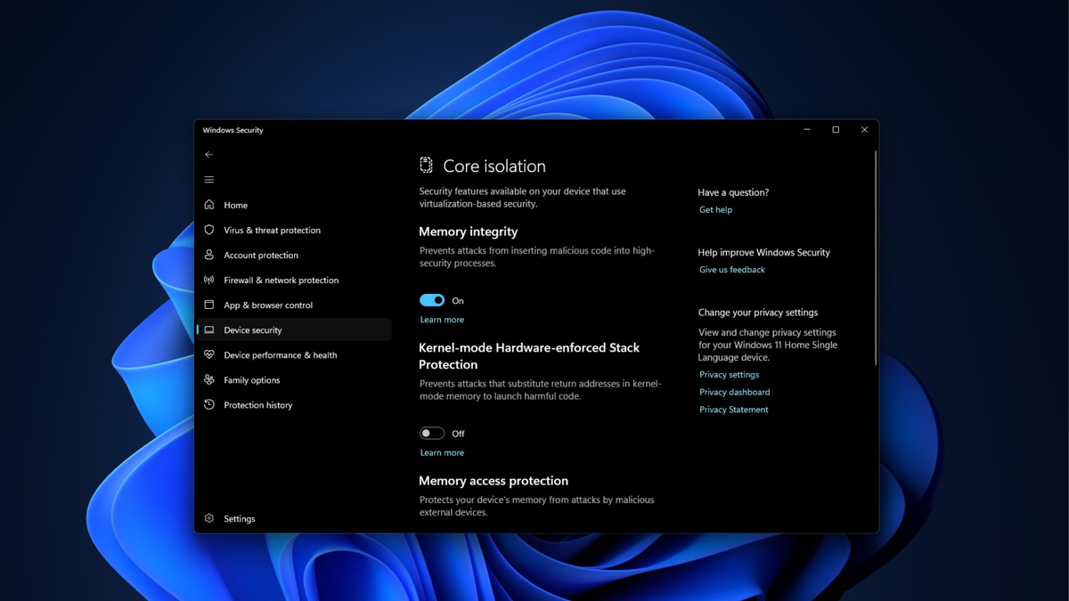 Memory Integrity включена в Windows Security.