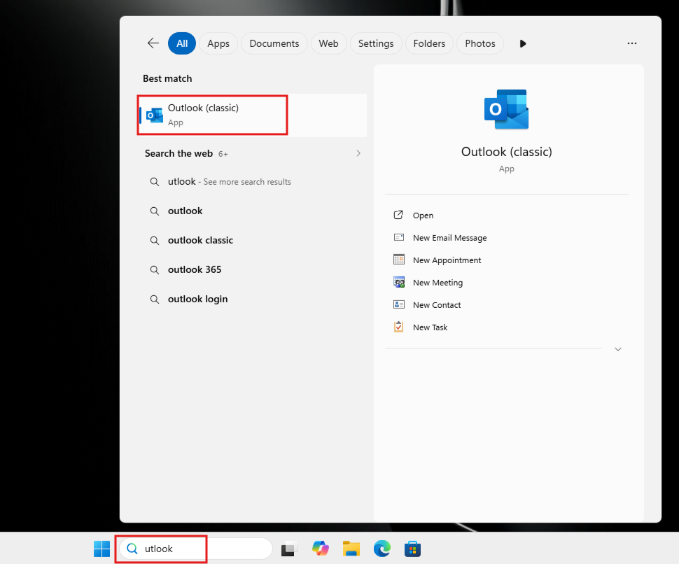 По запросу utlook поиск Windows показывает Outlook