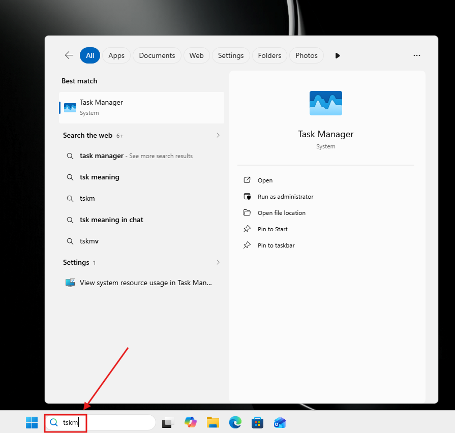 Поиск Windows показывает Диспетчер задач при неверном написании