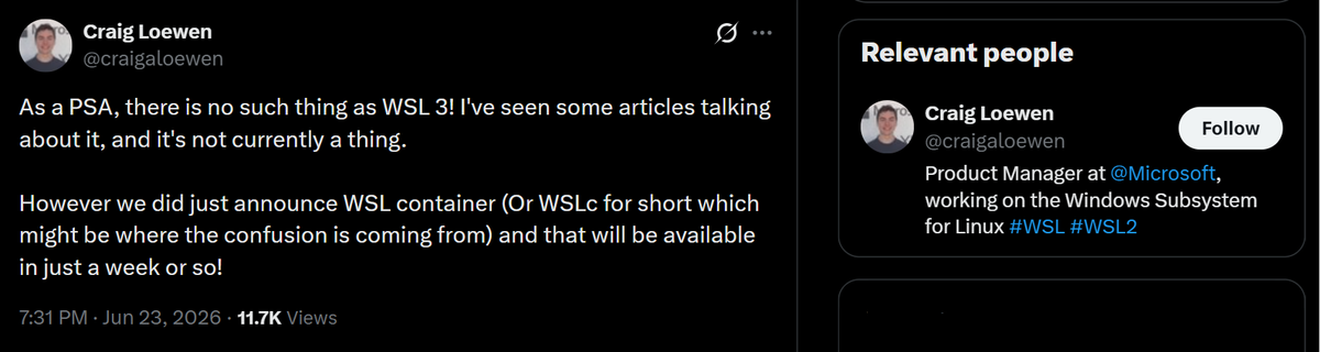 Microsoft подтверждает, что WSL 3 не существует