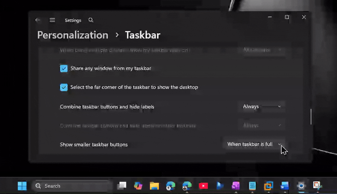 Старая настройка "Показывать кнопки панели задач меньшего размера" в Windows 11