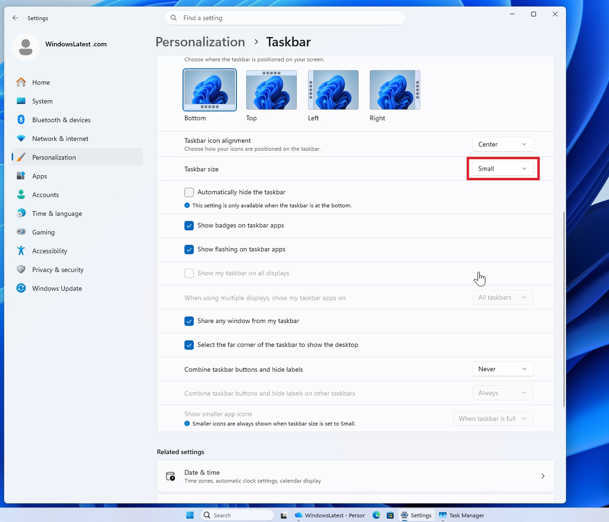 Функция изменения размера панели задач в Windows 11