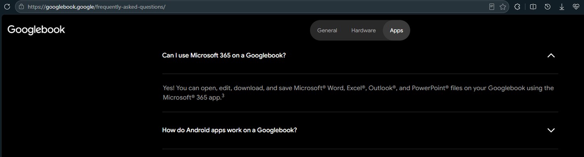 В разделе вопросов и ответов Googlebook упоминается Microsoft 365