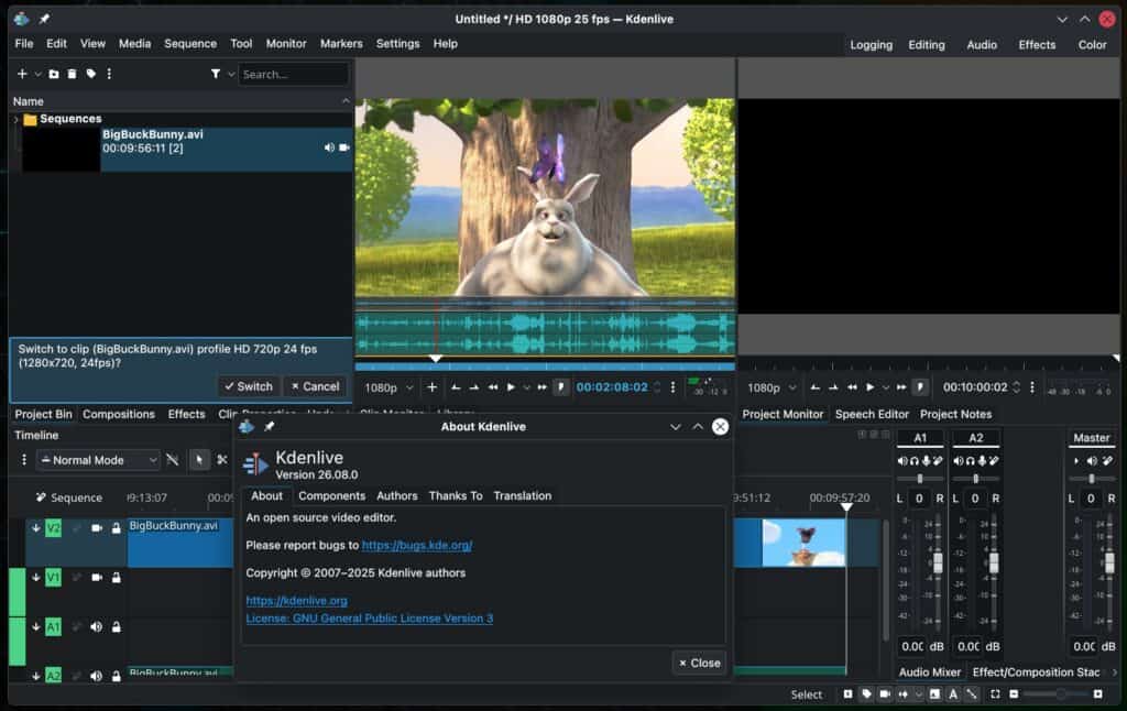 Видеоредактор Kdenlive 26.08 с открытым исходным кодом