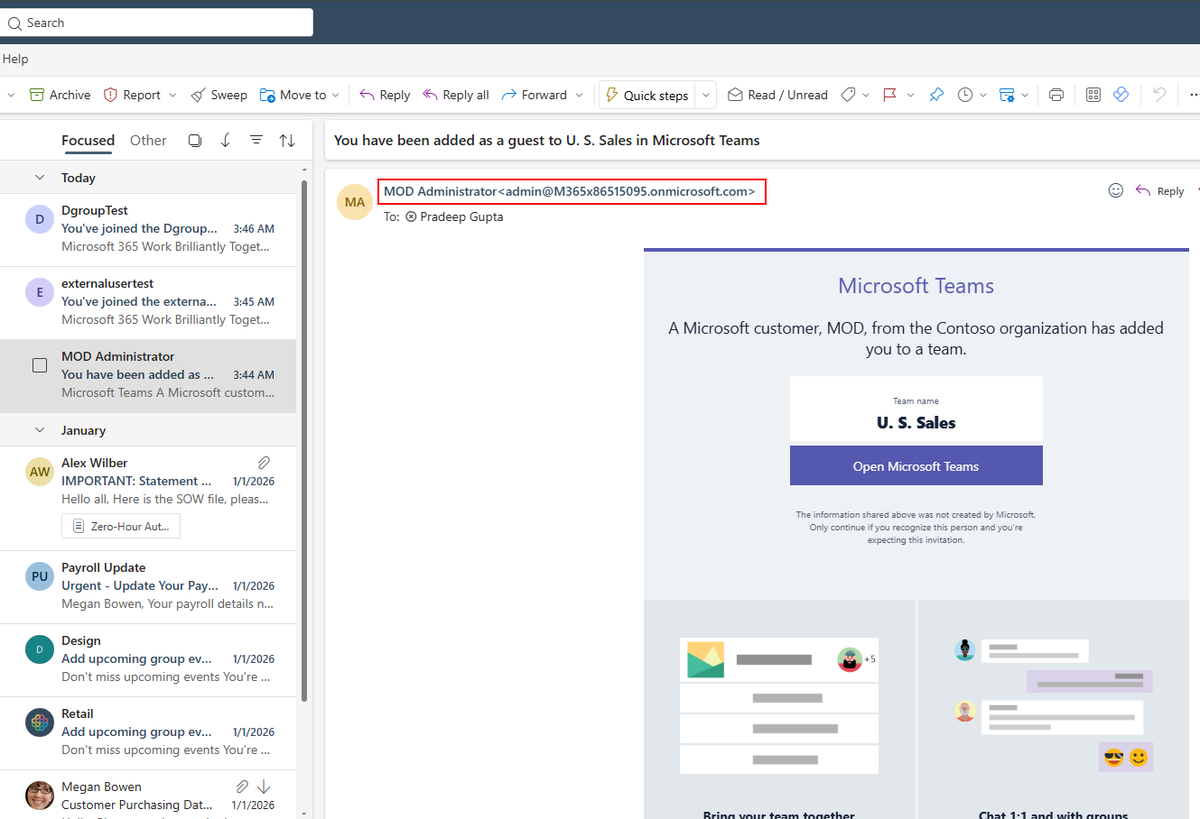 Microsoft Teams guest invite email to not use no reply