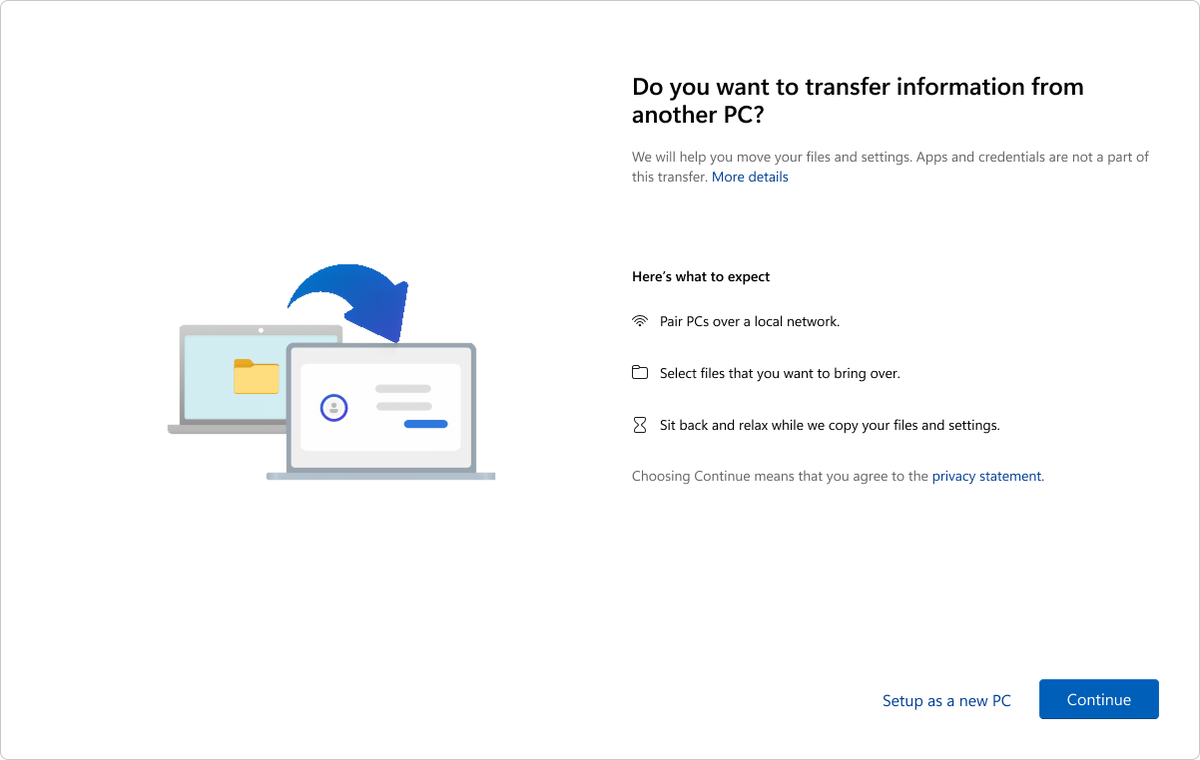 **Инструмент переноса PC-to-PC работал по локальной сети и не требовал OneDrive**