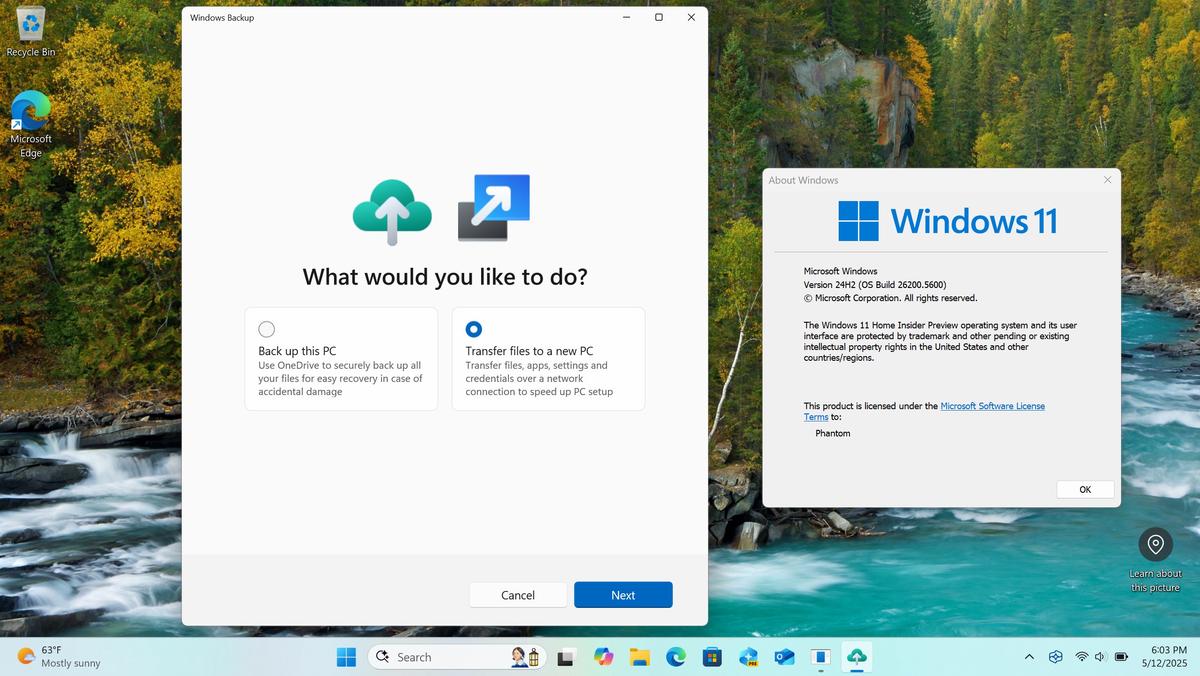 Главная страница приложения Windows Backup